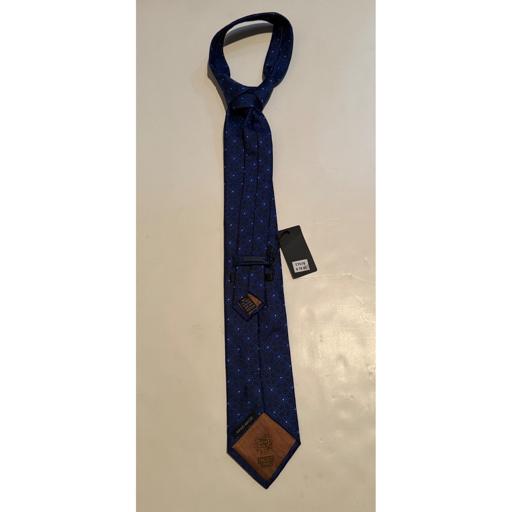 Imani Uomo Navy Blue Geometric Floral Medallion Silk Touch Hand Made Tie T7578 - Picture 2 of 6